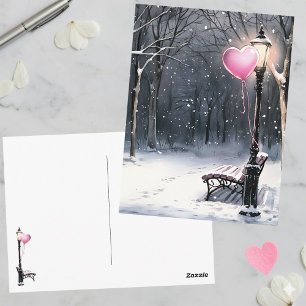 Winterliche Szene rosa Herzballon Valentinstag Postkarte
