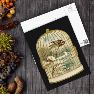 Winterliche Szene Vogelkäfig Postkarte