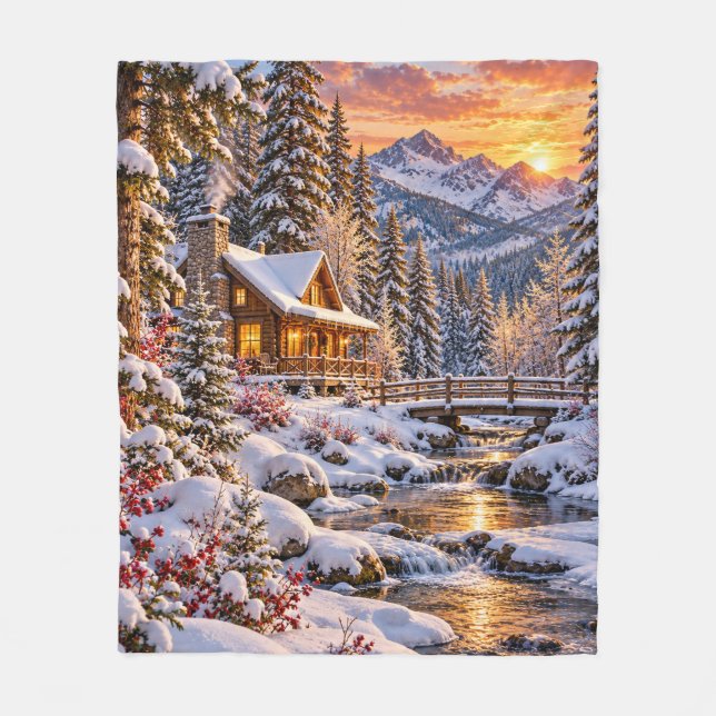 Winterliche Waldhütte Fleecedecke (Vorderseite)