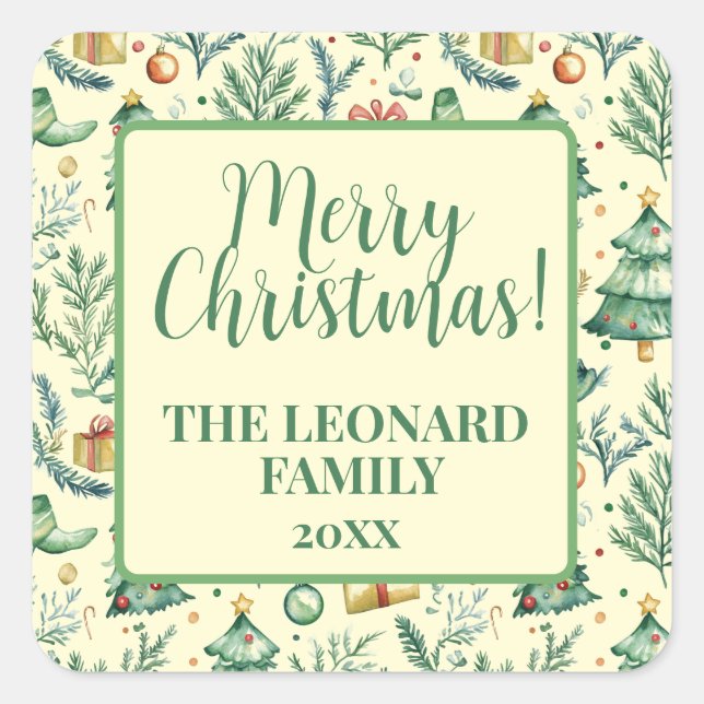 Winterliche Weihnachtsbäume, Geschenke und Ornamen Quadratischer Aufkleber (Vorderseite)