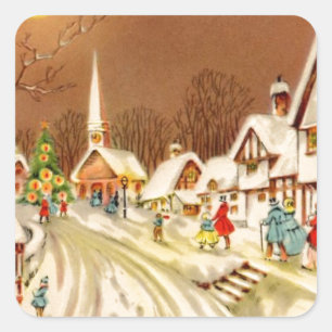 Winterliche Weihnachtsstadt mit Schnee Quadratischer Aufkleber