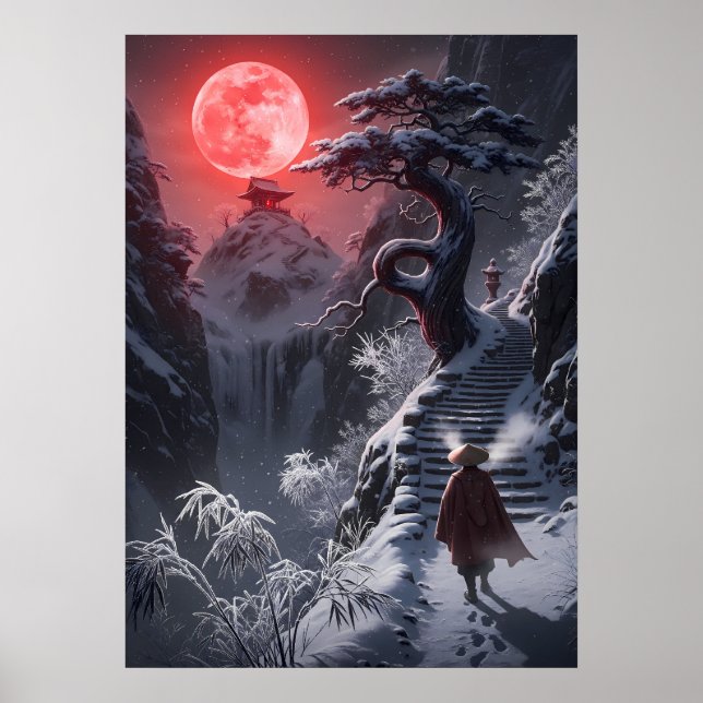 Winterliche Zen-Reise: Roter Mondtempel Poster (Vorne)
