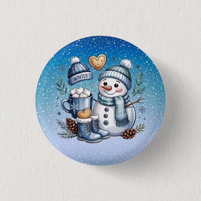 Winterlicher gemütlicher Schneemann Button (Vorderseite)