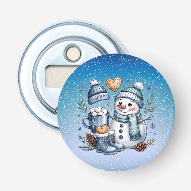 Winterlicher gemütlicher Schneemann Flaschenöffner (Vorderseite)