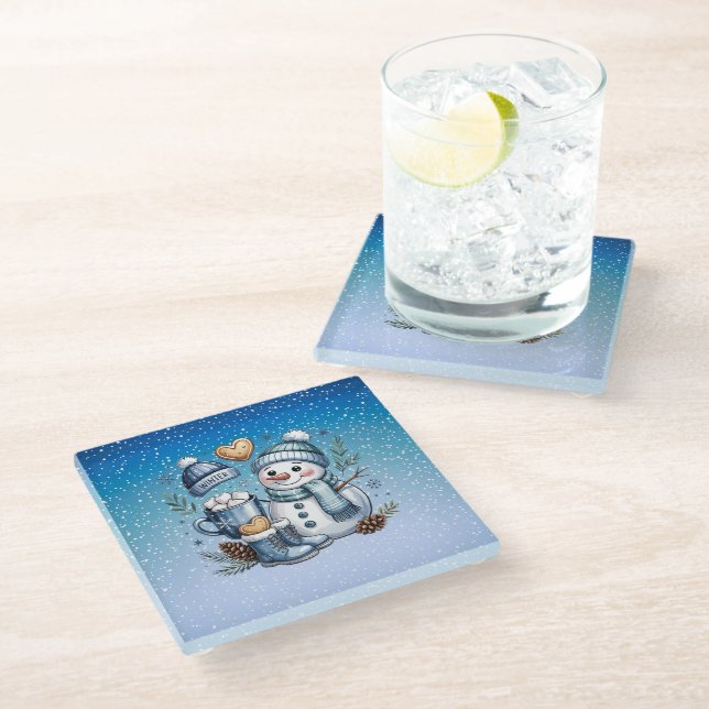 Winterlicher gemütlicher Schneemann Glasuntersetzer (Schrägansicht)