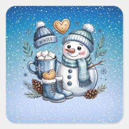 Winterlicher gemütlicher Schneemann Quadratischer Aufkleber