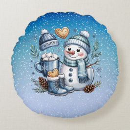 Winterlicher gemütlicher Schneemann Rundes Kissen