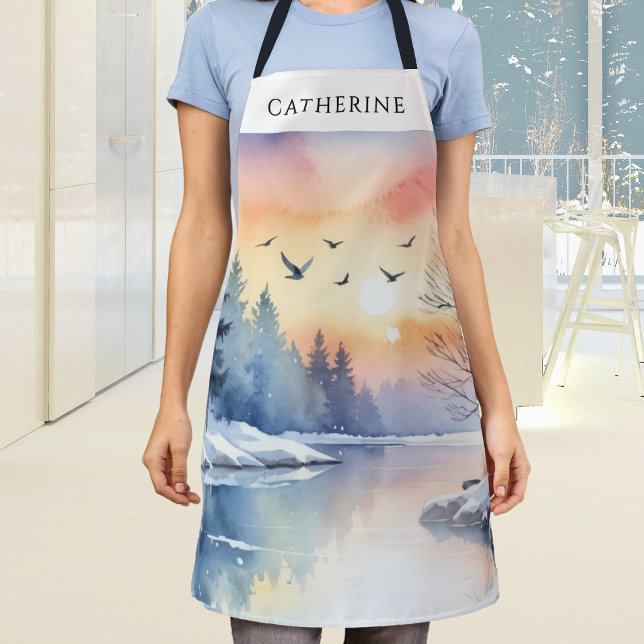 Winterlicher personalisierter Küchen-Schneeseen fü Schürze (A personalized kitchen apron with winter lake and birds picture in a watercolor style)