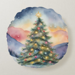 Winterlicher Weihnachtsbaum Schnee Sonnenuntergang Rundes Kissen