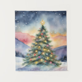 Winterlicher Weihnachtsbaum Schnee Sonnenuntergang Wandteppich