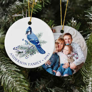 Winterliches Blauhäher-Familienfoto Weihnachten  Keramik Ornament
