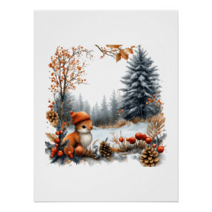 Winterliches Eichhörnchen im vereisten Wald Poster