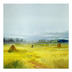 Winterliches ländliches Maisfeld, Aquarellmalerei Poster