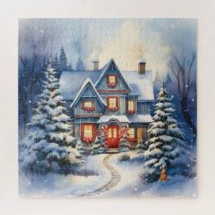 Winterliches Schnee-Weihnachtshaus und Weg Puzzle