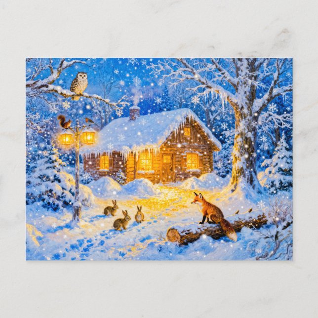 Winterliches Waldhäuschen mit Waldtieren Postkarte (Vorderseite)