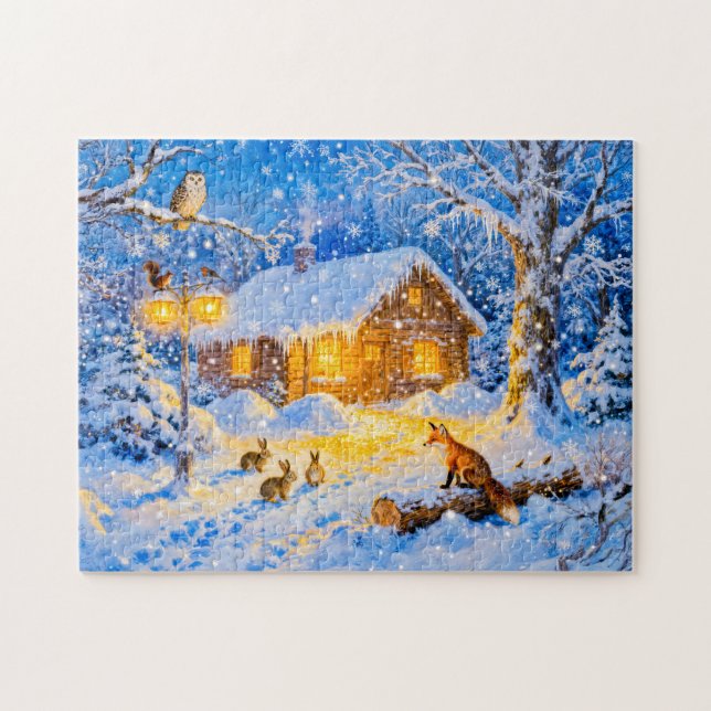 Winterliches Waldhäuschen mit Waldtieren Puzzle (Horizontal)