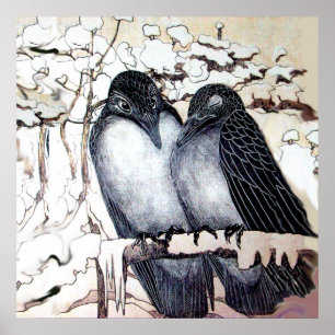 WINTERLIEBE VÖGEL IM SCHNEE Schwarz-weiß Poster