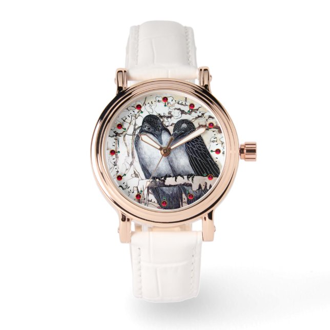 WINTERLIEBE VÖGEL IM SCHNEE Schwarz-Weiß Zeichnend Armbanduhr (Vorderseite)