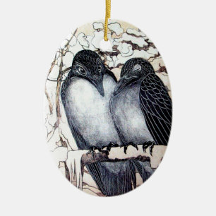 WINTERLIEBE VÖGEL IM SCHNEE Schwarz-Weiß Zeichnend Keramik Ornament