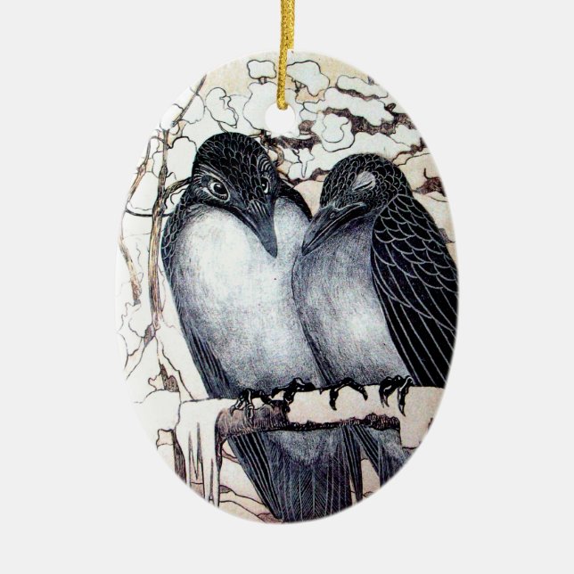 WINTERLIEBE VÖGEL IM SCHNEE Schwarz-Weiß Zeichnend Keramik Ornament (Vorne)