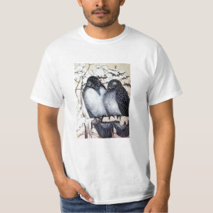 WINTERLIEBE VÖGEL IM SCHNEE Schwarz-Weiß Zeichnend T-Shirt