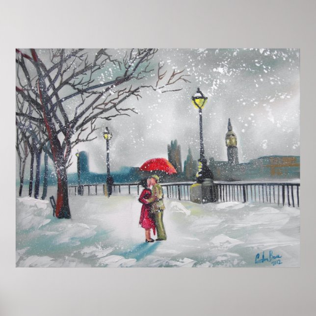 Winterliebhaber Schnee London Thames Big Ben Gemäl Poster (Vorne)
