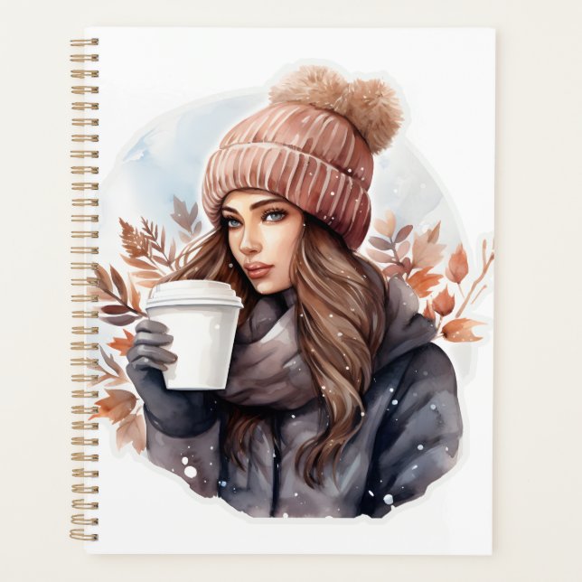 Wintermädchen in Aquarellform mit Kaffee Planer (Vorderseite)