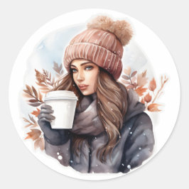 Wintermädchen in Aquarellform mit Kaffee Runder Aufkleber