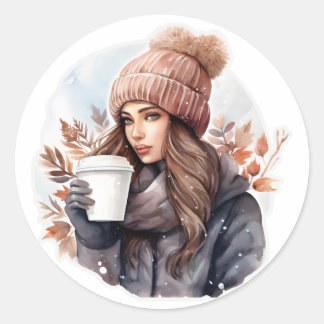 Wintermädchen in Aquarellform mit Kaffee Runder Aufkleber