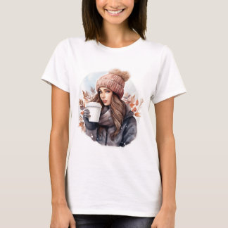 Wintermädchen in Aquarellform mit Kaffee T-Shirt