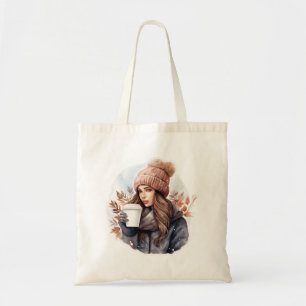 Wintermädchen in Aquarellform mit Kaffee Tragetasche