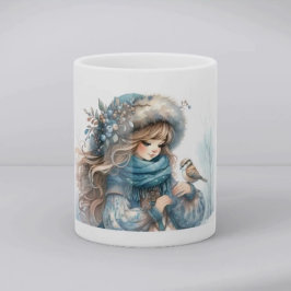 Wintermädchen mit Vogel im blauen Blumenmantel Kaffeetasse