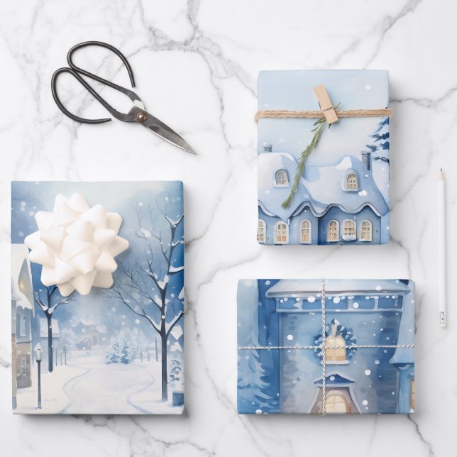Wintermärchen Schneehäuser Scene Blue und White Geschenkpapier Set (Vorderseite)