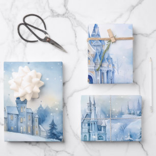Wintermärchen Schneehäuser Scene Blue und White Geschenkpapier Set