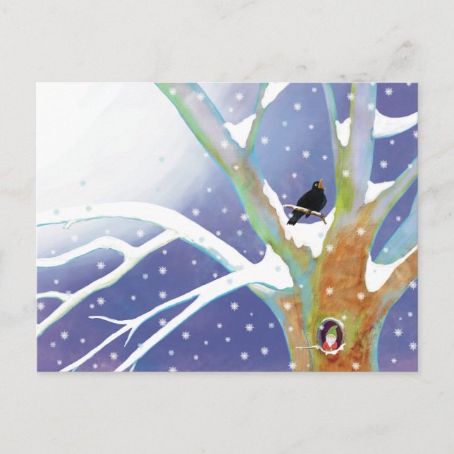 Wintermärchen - Singende Amsel und ein Gnom  Postkarte (Vorderseite)