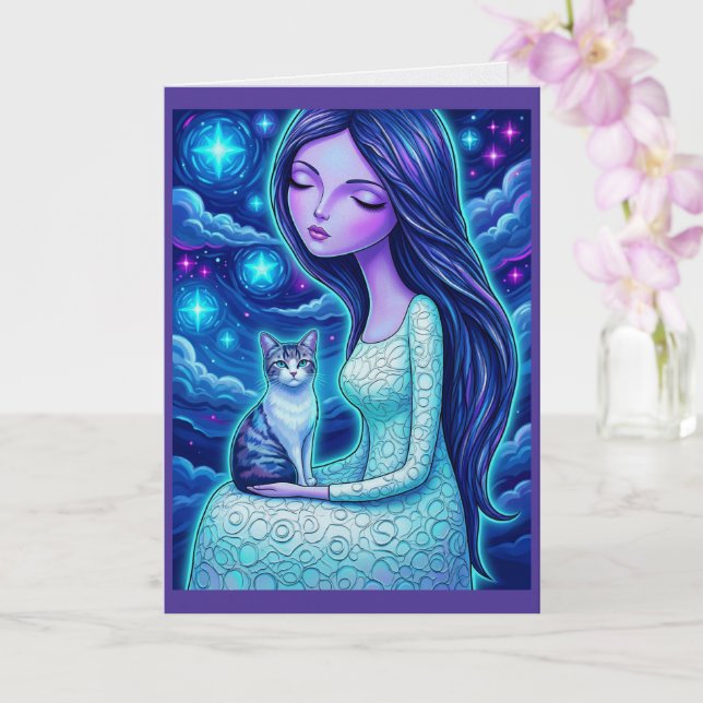 Wintermond-Jungfrau-Silberkatze Fantasy Art Karte (Orchidee)