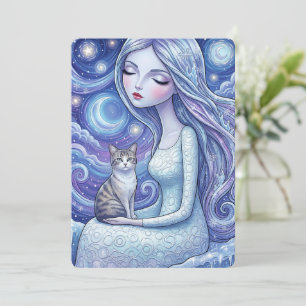 Wintermond-Jungfrau Silberkatze Fantasy Art Karte