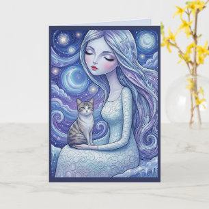 Wintermond-Jungfrau Silberkatze Fantasy Weihnachte Karte