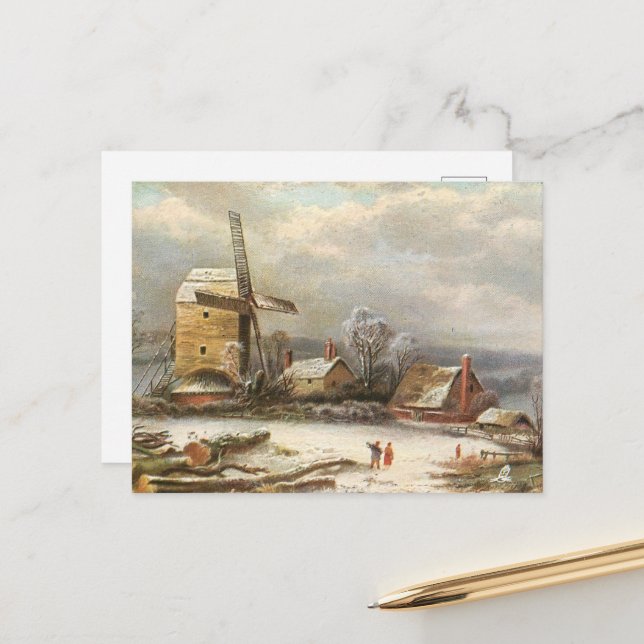 Wintermühle Feiertagspostkarte (Vorderseite/Rückseite Beispiel)