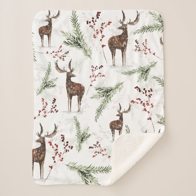Wintermuster Hirsch- und Brunnenfutter Sherpadecke (Vorderseite)