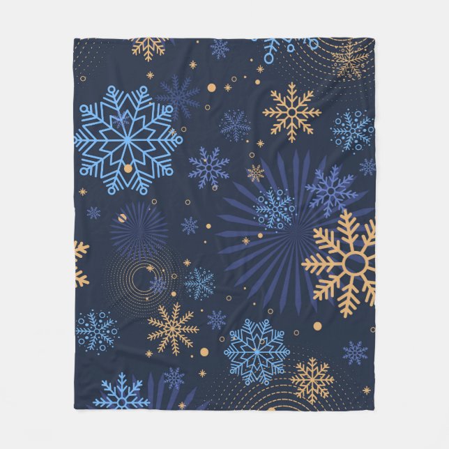 Winternacht: Blaues Schneeflockenmuster. Fleecedecke (Vorderseite)