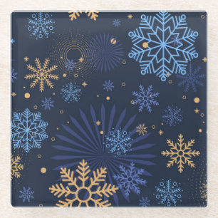 Winternacht: Blaues Schneeflockenmuster. Glasuntersetzer