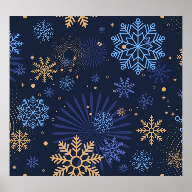 Winternacht: Blaues Schneeflockenmuster. Poster (Vorne)