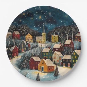 Winternacht Folk Art Ölgemälde Papierplatte Pappteller