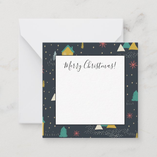 Winternachts-Schneeflocken fallen auf kleinen Häus Mitteilungskarte (Vorderseite)