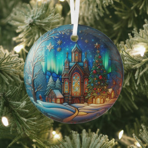 Winternachtskirche Buntglas Ornament Aus Glas