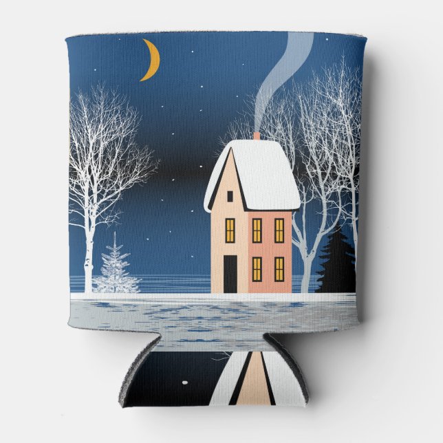 Winternachtslandschaft, gemütliches Haus, Mond. Dosenkühler (Vorderseite)