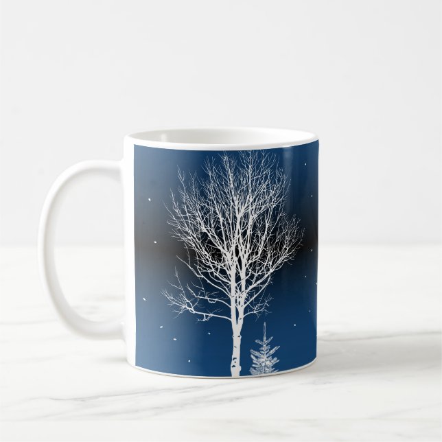 Winternachtslandschaft, gemütliches Haus, Mond. Kaffeetasse (Links)