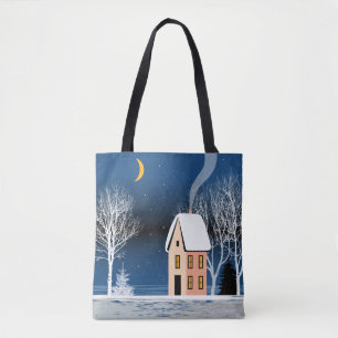 Winternachtslandschaft. Gemütliches Haus, verschie