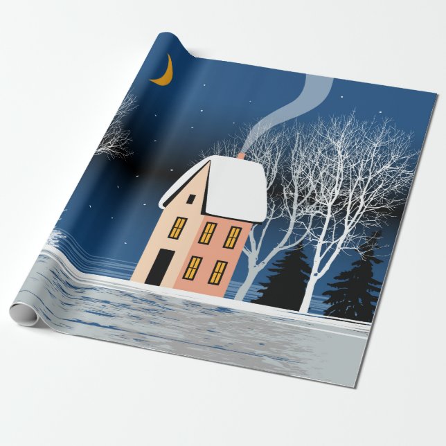 Winternachtslandschaft. Gemütliches Haus, verschie Geschenkpapier (Ungerollt)